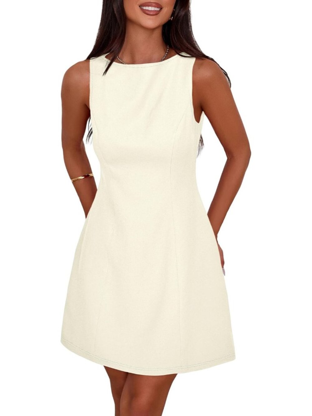 〽️Women's Cream Sleeveless Boat Neck Back Closed A-line Short Mini Dresses